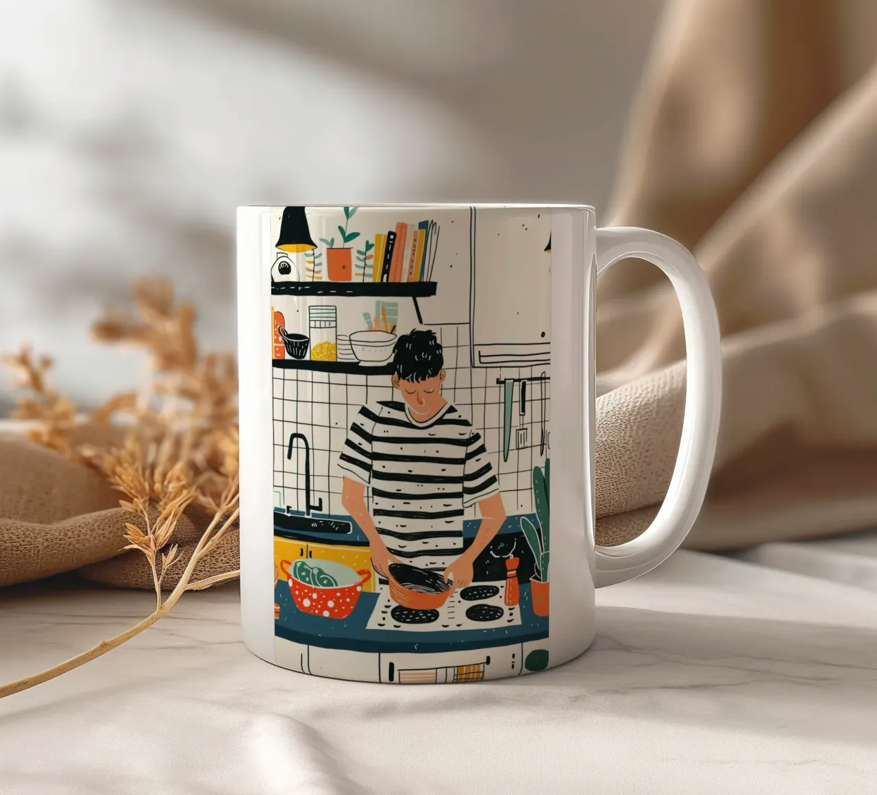 Man die in moderne keuken kookt Kunst - Dagelijks Leven Illustrati keramische mok van NorwesClub