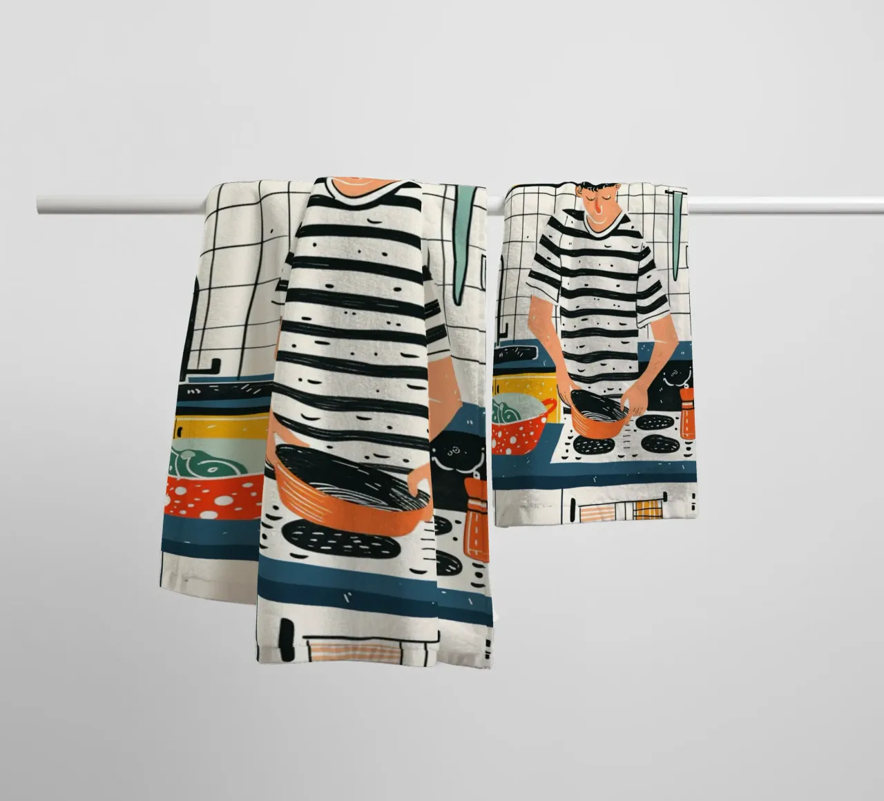 Man die in moderne keuken kookt Kunst - Dagelijks Leven Illustrati badhanddoek van NorwesClub