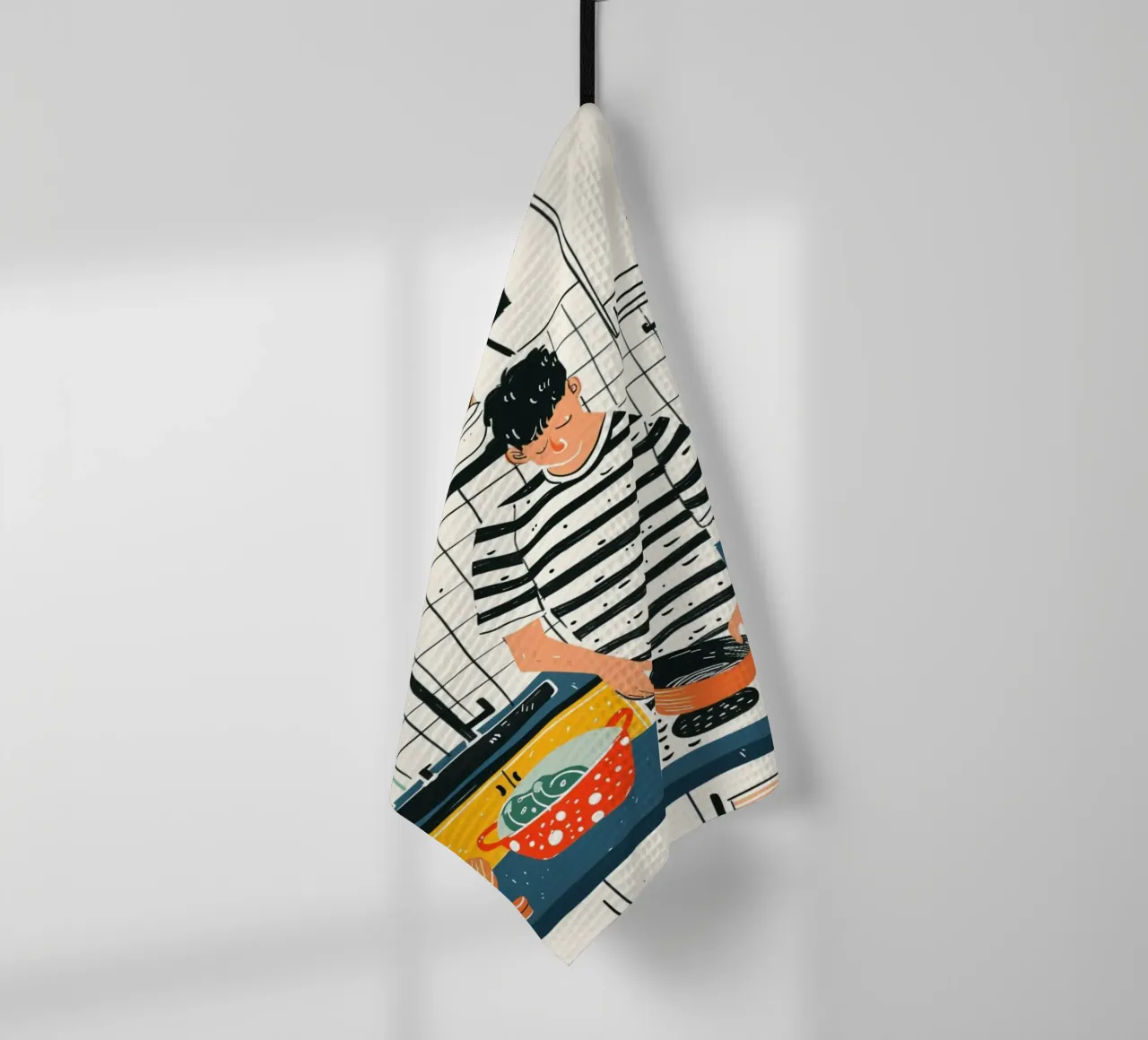 Man die in moderne keuken kookt Kunst - Dagelijks Leven Illustrati theedoek van NorwesClub