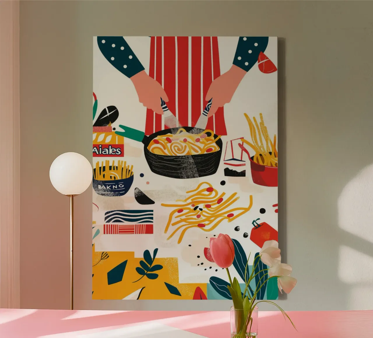 Abstracte Pasta Koken Kunst Print - Levendige Keuken Scène canvas met Baklijst van NorwesClub