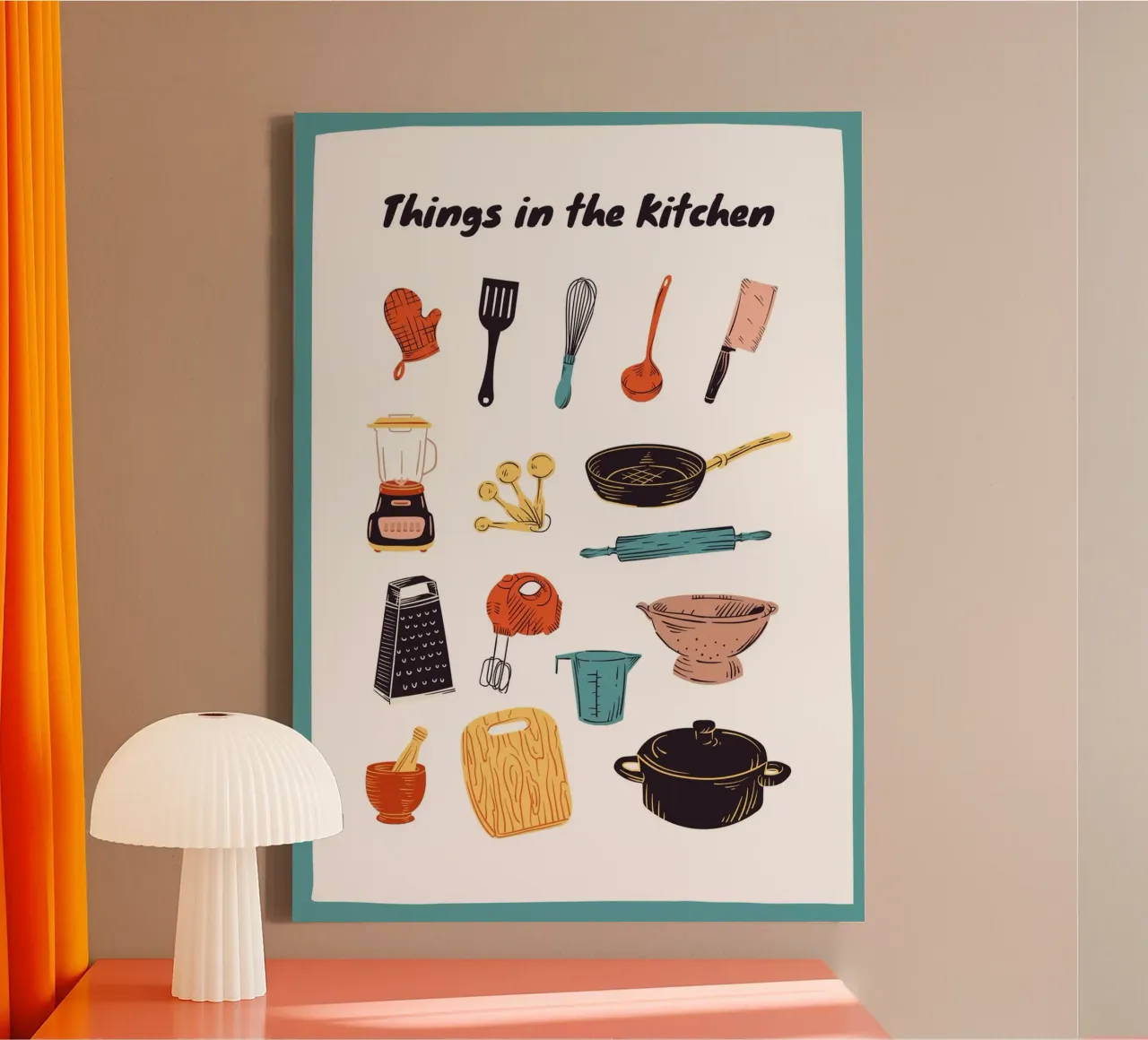 Kunstdruk "Dingen in de keuken" Keukengerei & kookgerei canvas met Baklijst van NorwesClub