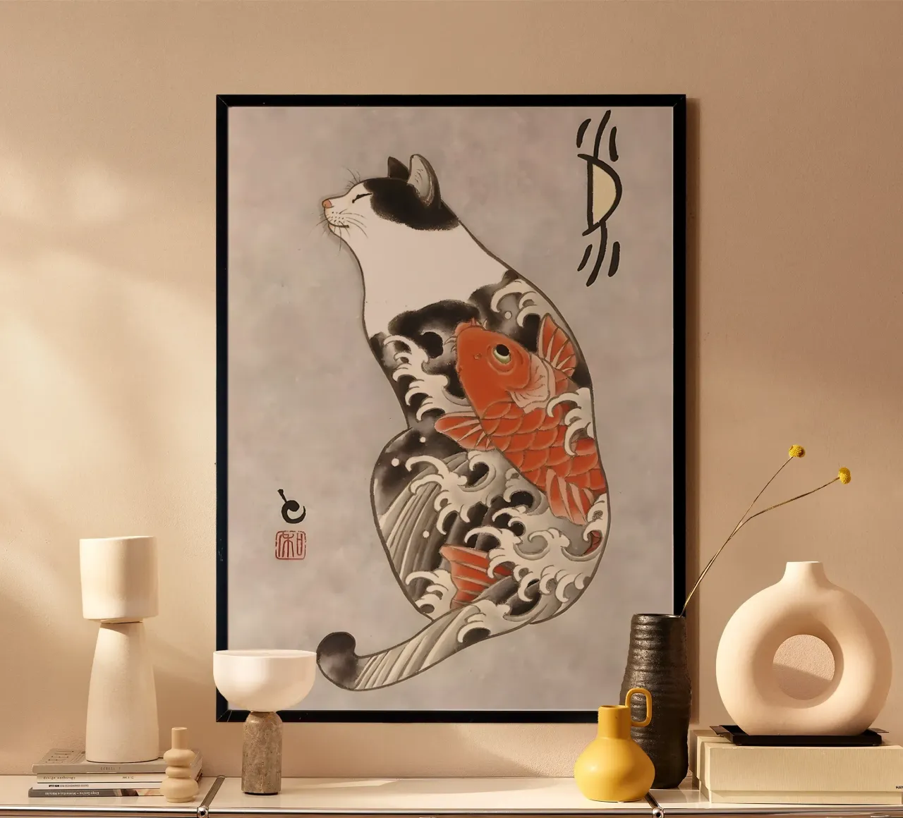 Ukiyo e Cat Tattoo Red Carp poster con telaio in alluminio da GoArt