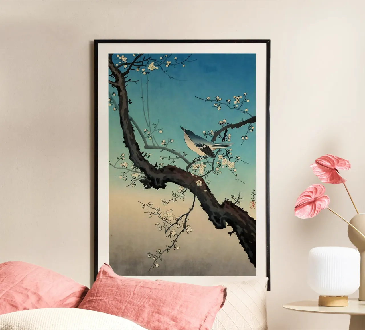 bush warbler and plum blossoms-Tsuchiya Koitsu poster con telaio in plastica da GoArt