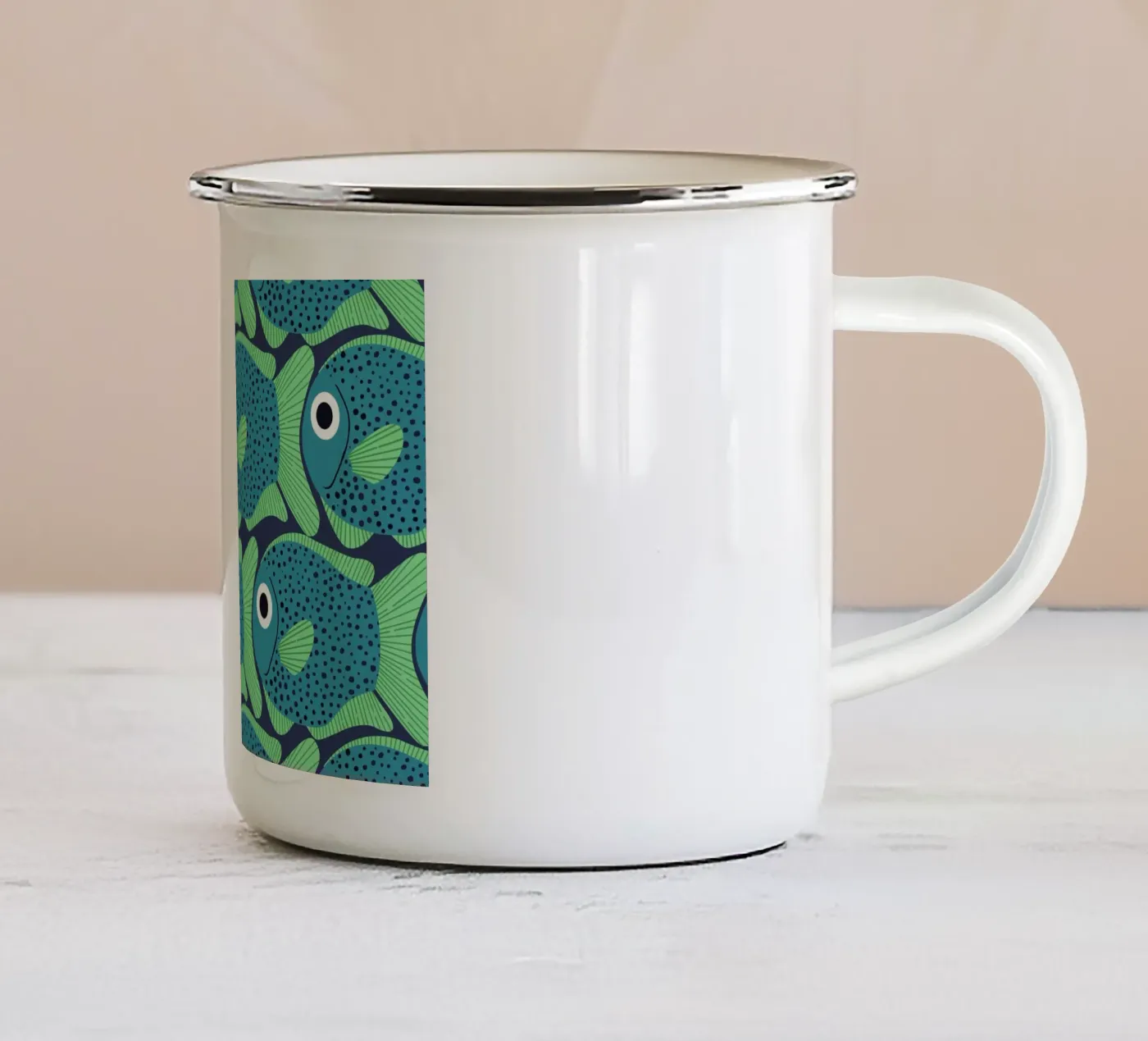Blue Fish Pattern enamel mug by Laura Graves