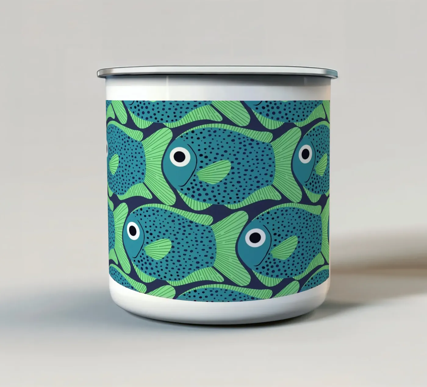 Blue Fish Pattern enamel mug by Laura Graves