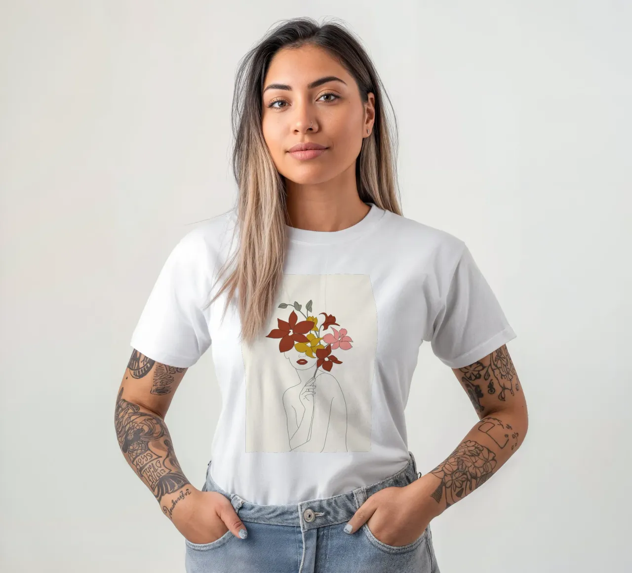 Colorful Thoughts Minimal Line Art Woman with Orchids t-shirt da Nadjaa