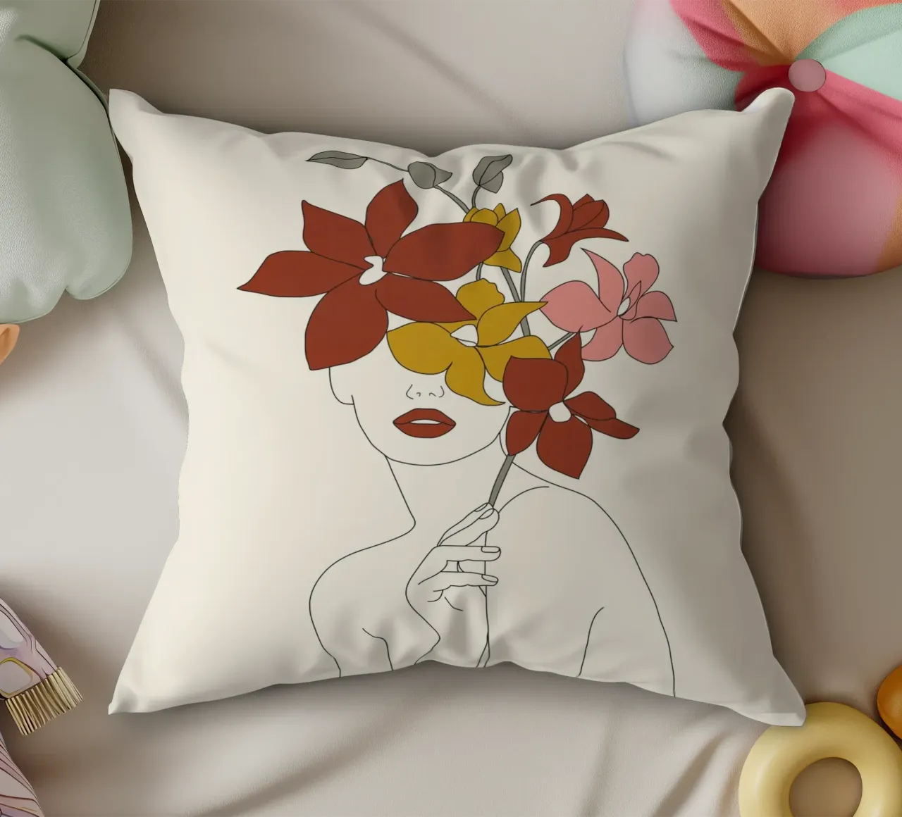 Colorful Thoughts Minimal Line Art Woman with Orchids cuscino da Nadjaa