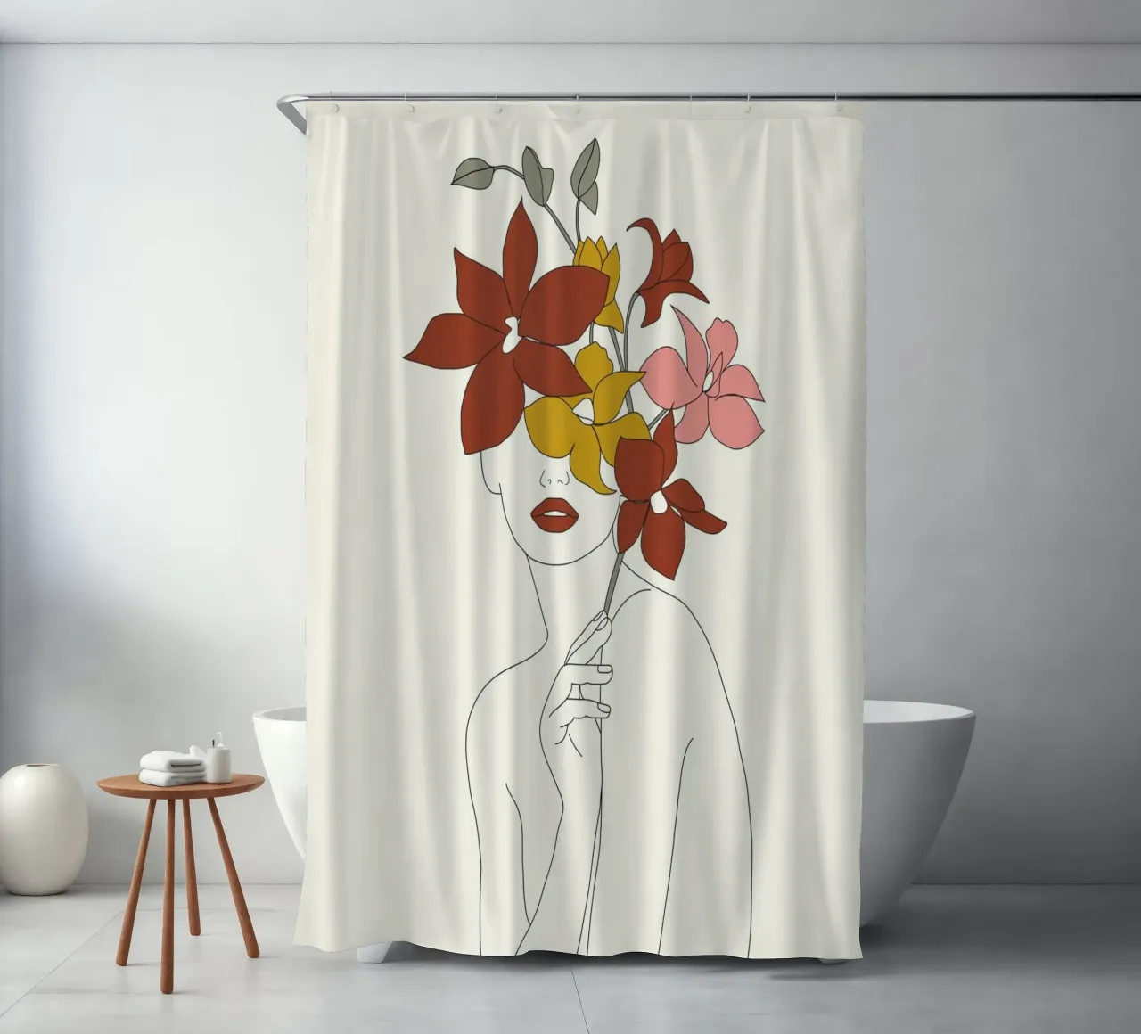 Colorful Thoughts Minimal Line Art Woman with Orchids tenda da doccia da Nadjaa
