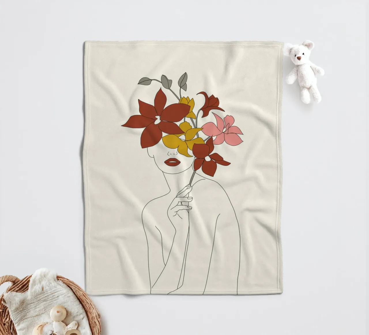 Colorful Thoughts Minimal Line Art Woman with Orchids coperta in pile da Nadjaa
