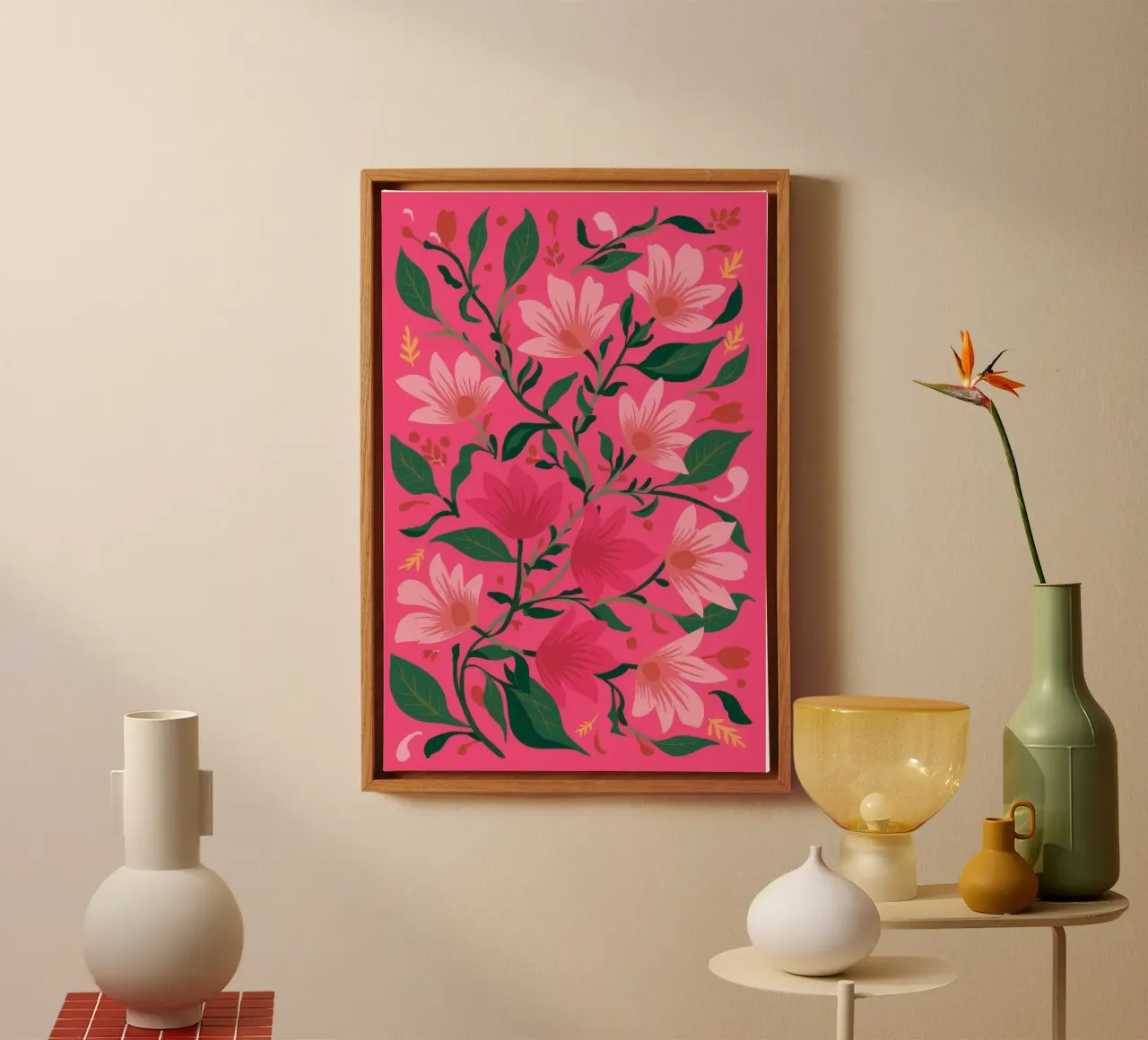 Knalroze bloemblaadjes canvas met Baklijst van Arcane Shade