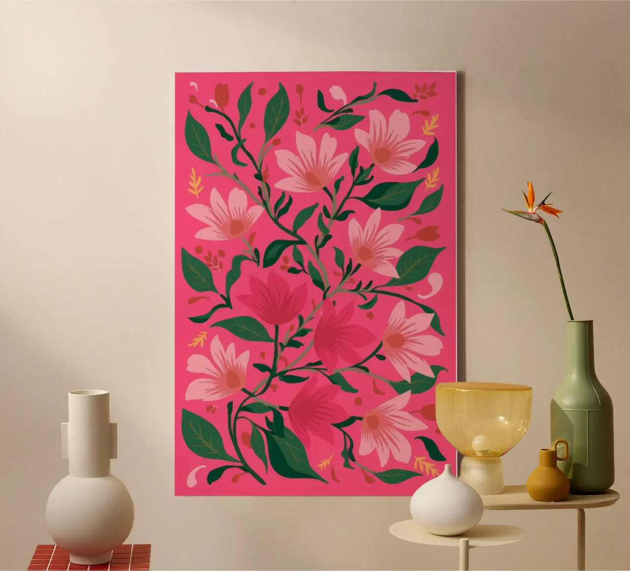 Knalroze bloemblaadjes canvas met Baklijst van Arcane Shade