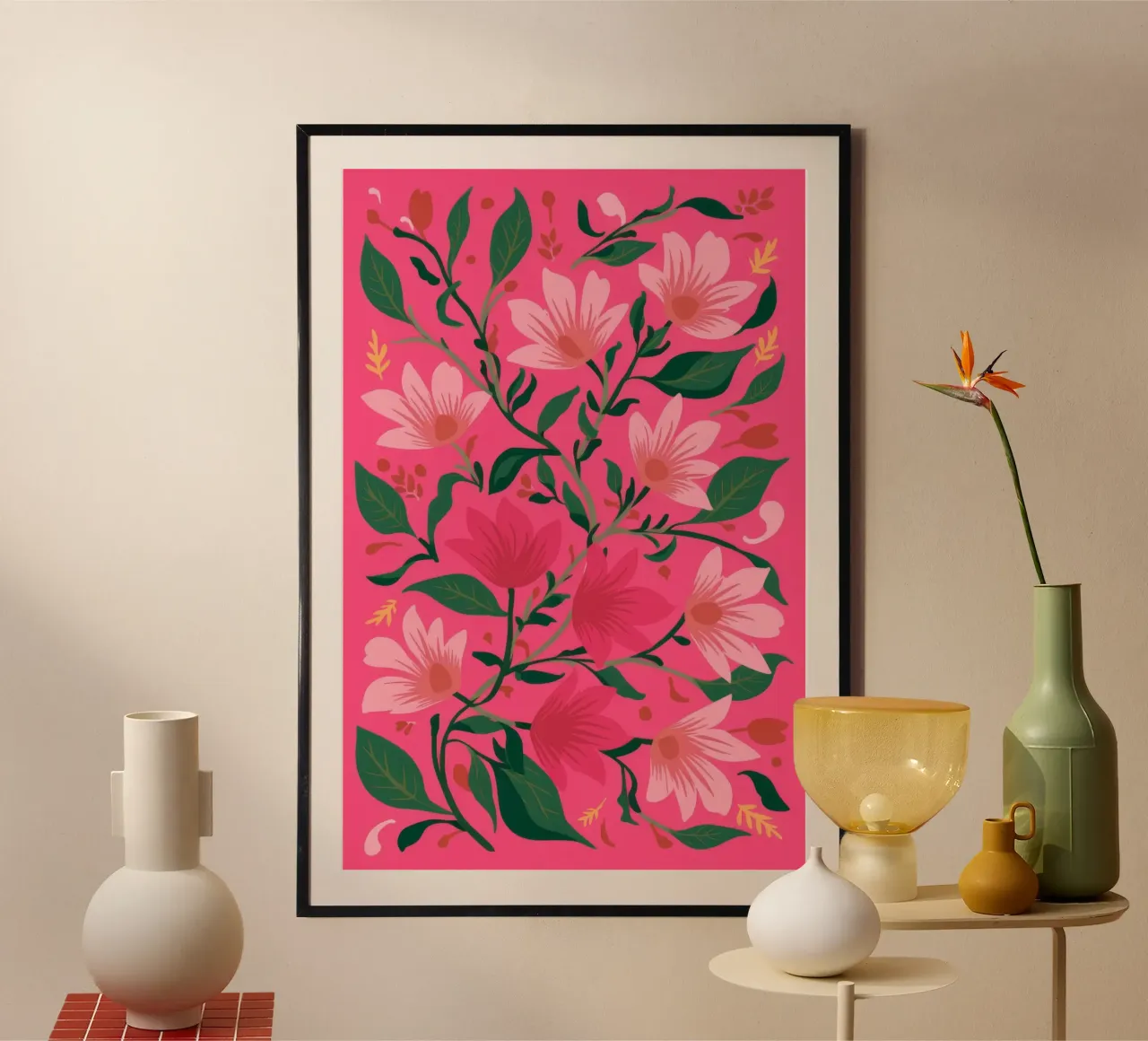 Petali rosa audaci poster con telaio in legno da Arcane Shade