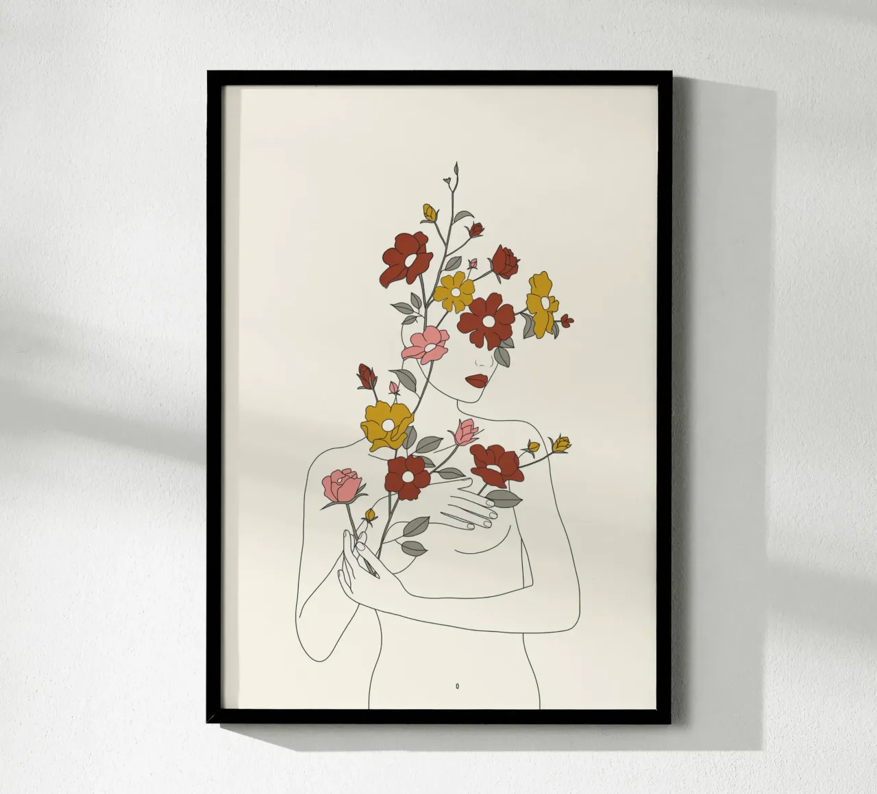 Colorful Thoughts Minimal Line Art Woman with Wild Roses poster con telaio in plastica da Nadjaa