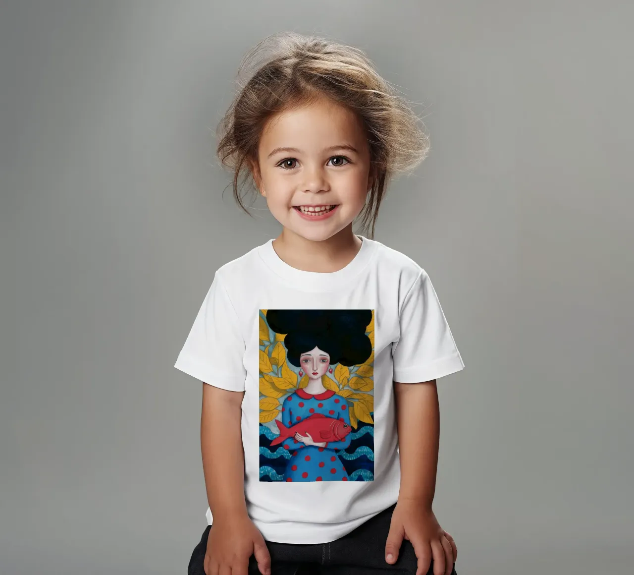 Lady With Red Fish kids t-shirt by Arcane Shade