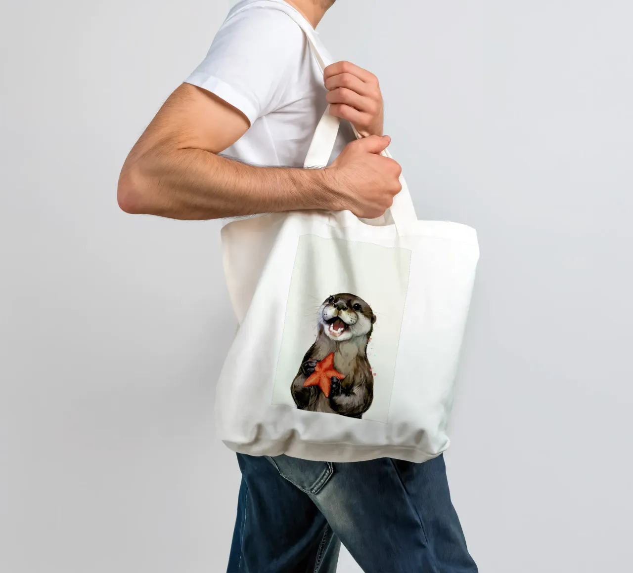 Happy Otter Portrait tote bag by Laura Graves
