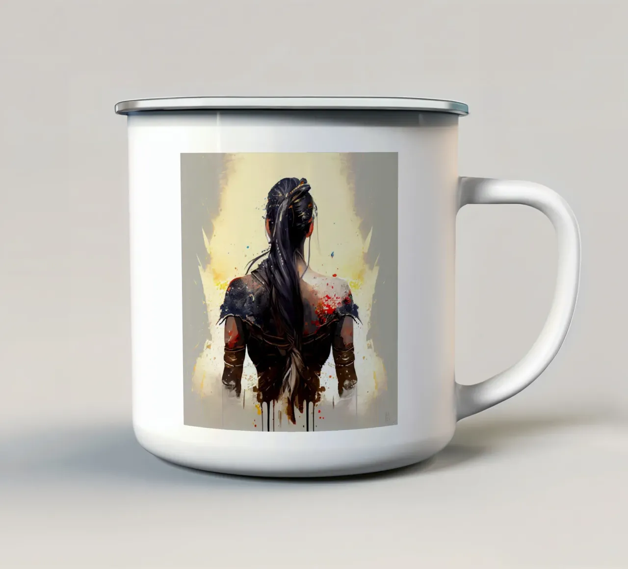 Powerful Warrior Back Woman enamel mug by Chromatic Fusion Studio