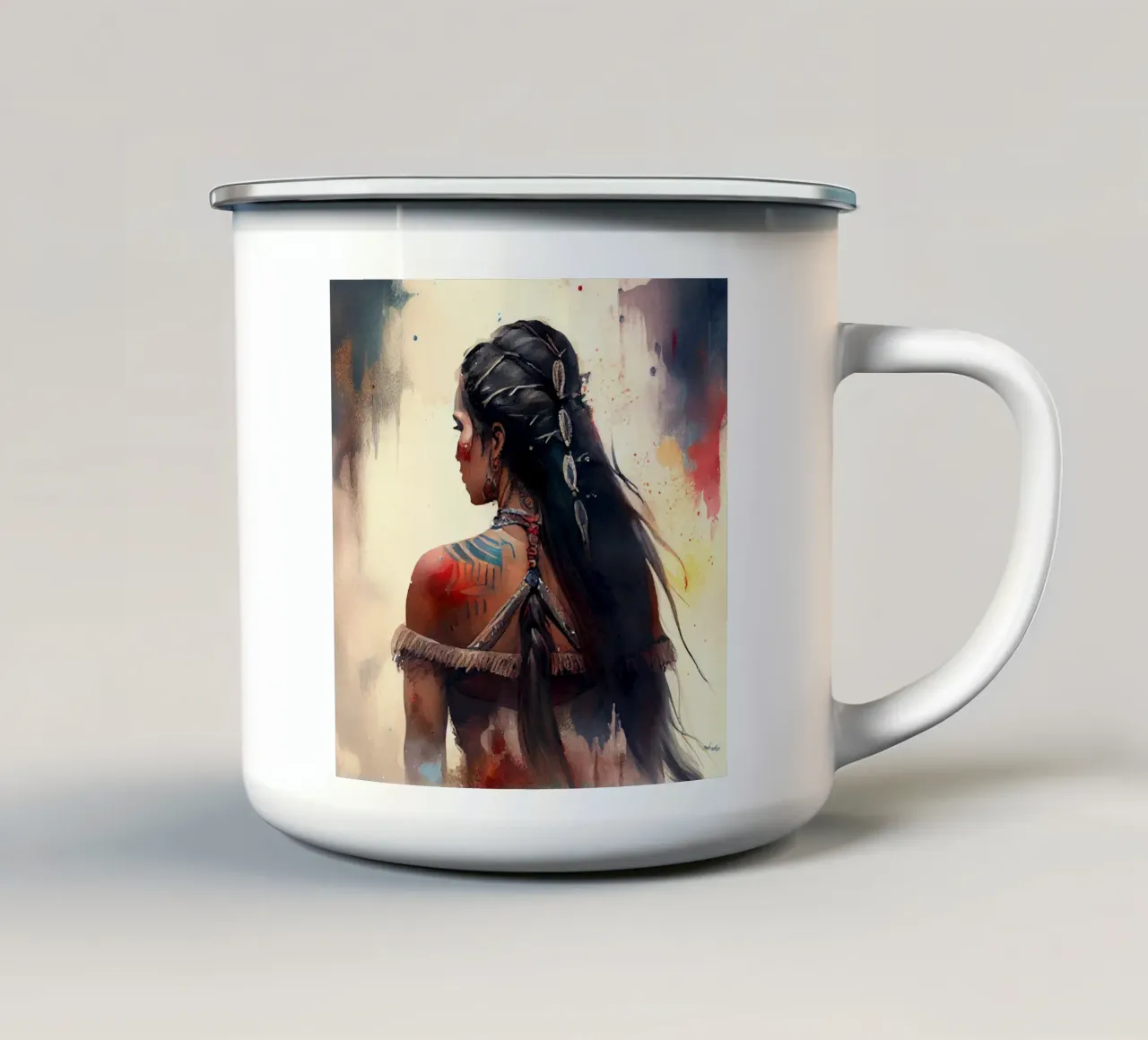 Powerful Warrior Back Woman enamel mug by Chromatic Fusion Studio
