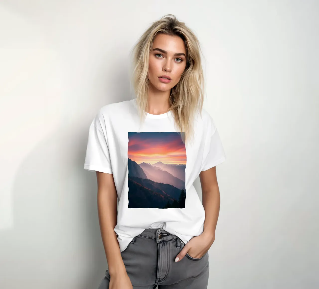 Stunning sunset over mountains creates a calm and abstract t-shirt by DesignDoodle