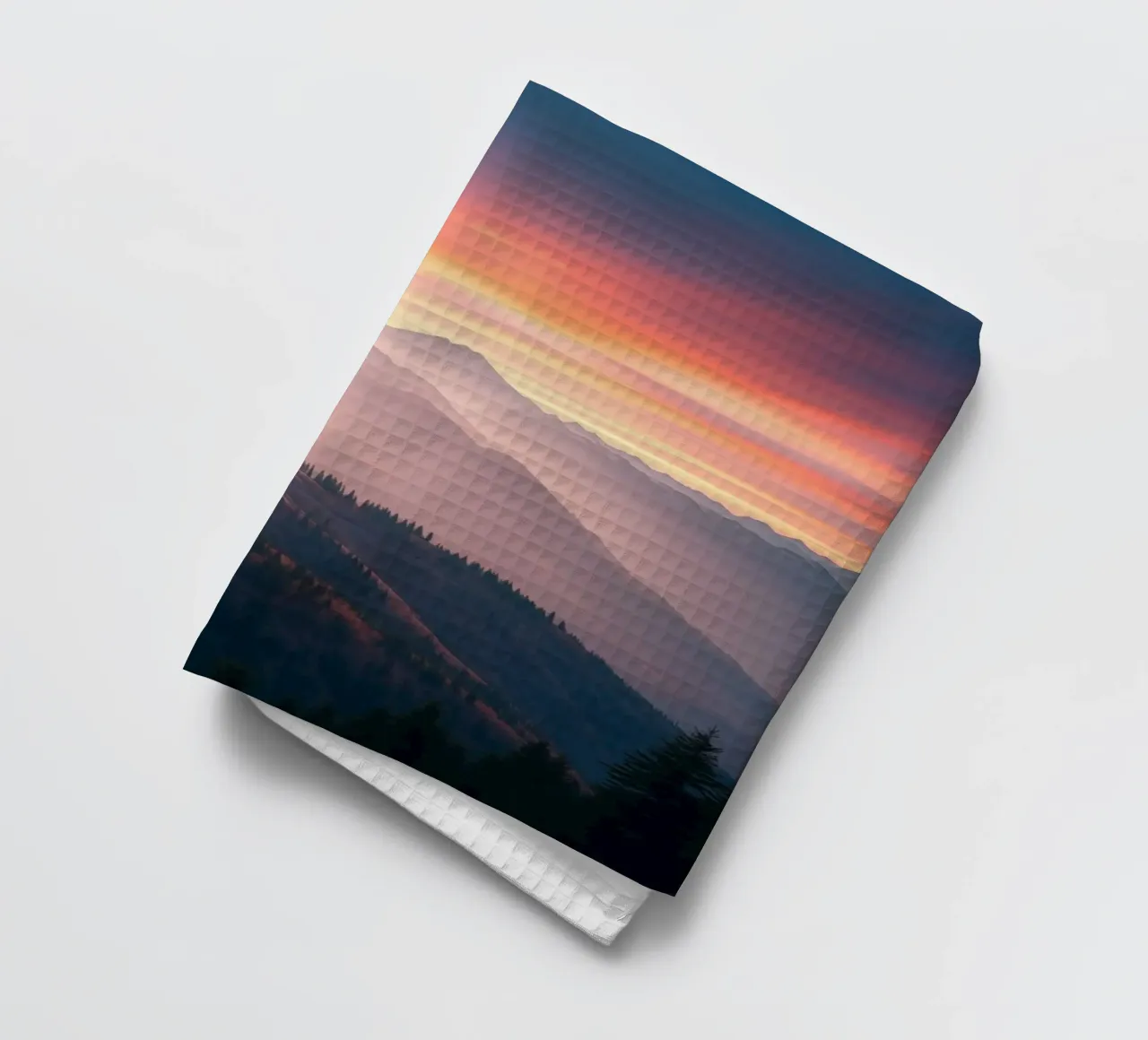 Stunning sunset over mountains creates a calm and abstract tea towel by DesignDoodle