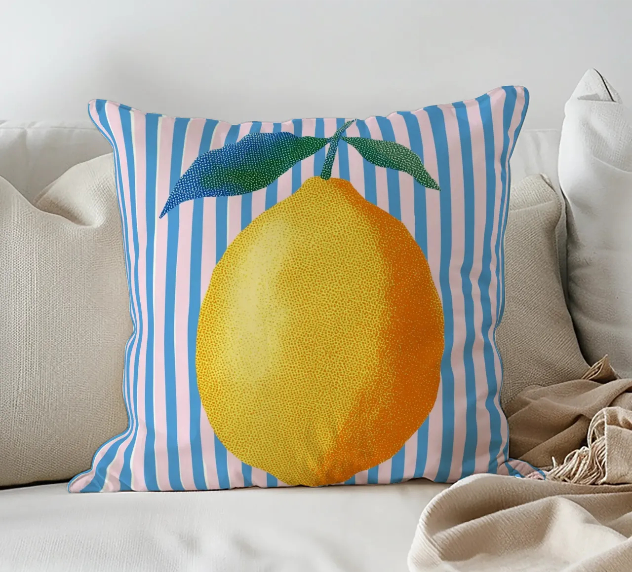 Stripe art with lemon decorative cushion by Carinaprint