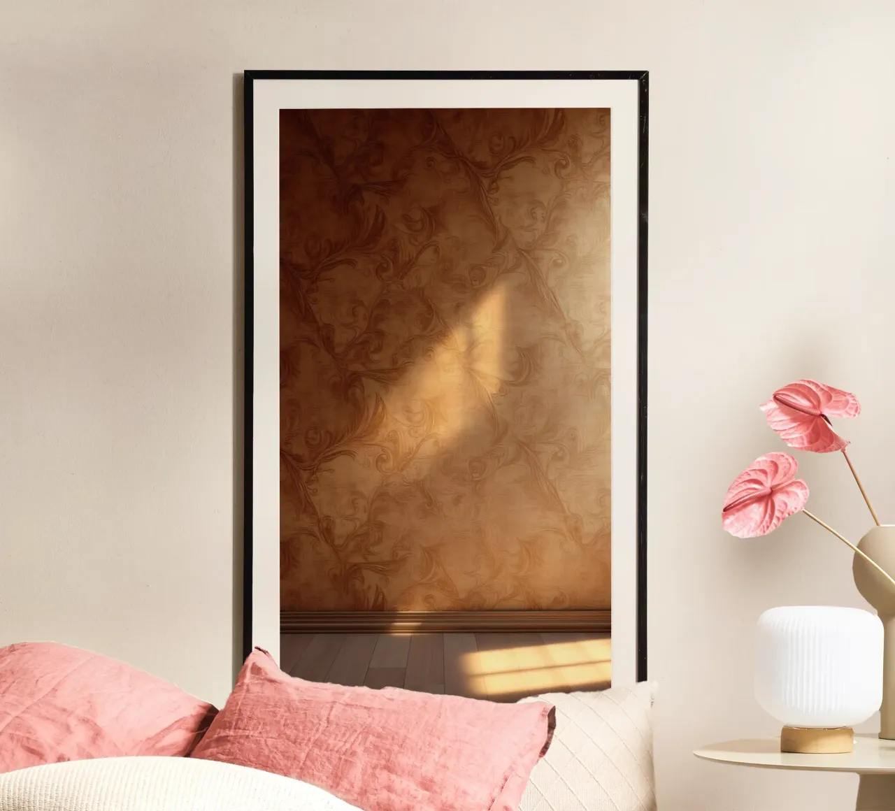 Elegantes abstraktes Wanddesign mit warmen Tönen und weichem Licht Hahnemühle von DesignDoodle