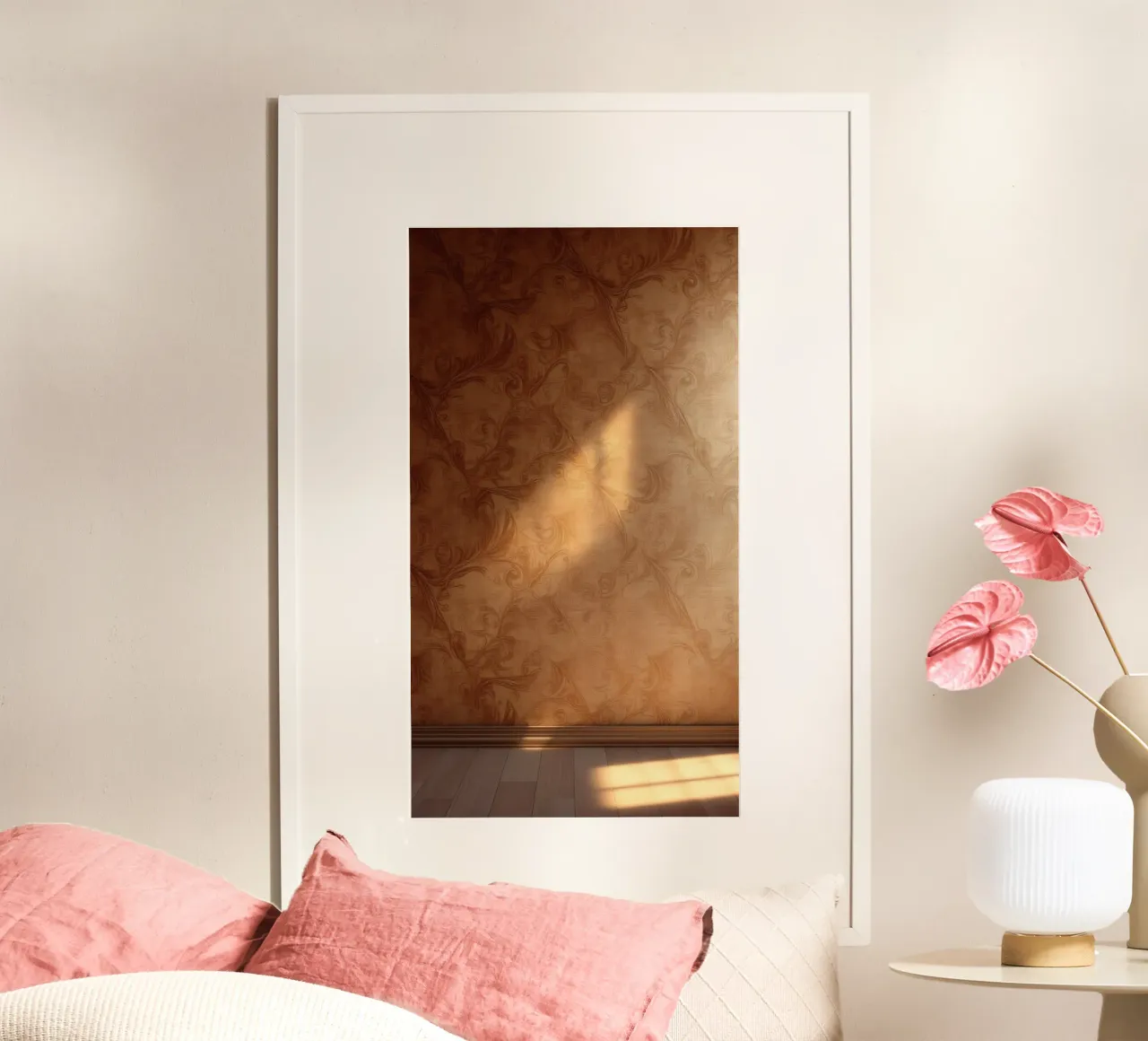 Elegantes abstraktes Wanddesign mit warmen Tönen und weichem Licht Hahnemühle von DesignDoodle