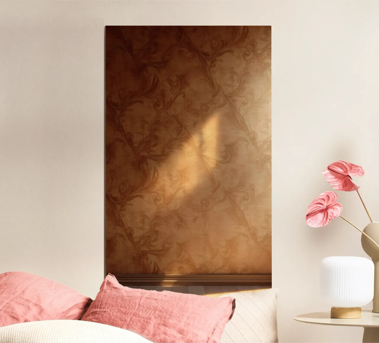 Elegantes abstraktes Wanddesign mit warmen Tönen und weichem Licht Hahnemühle von DesignDoodle