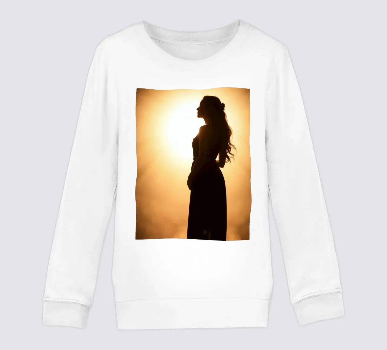 Elegant silhouette of a woman in a flowing dress kids sweatshirt by DesignDoodle