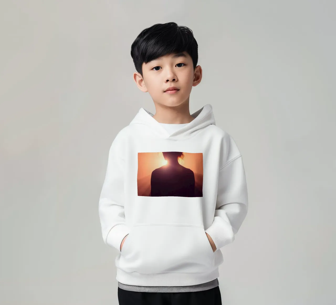 Silhouette einer Frau vor einem abstrakten hellen Hintergrund Kinder Hoodie von DesignDoodle