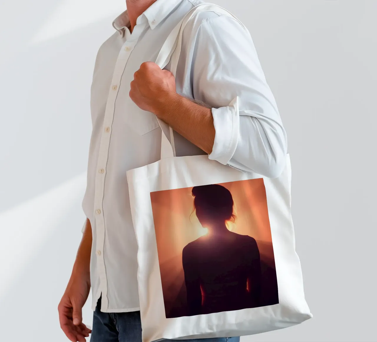 Silhouette einer Frau vor einem abstrakten hellen Hintergrund Jutebeutel von DesignDoodle