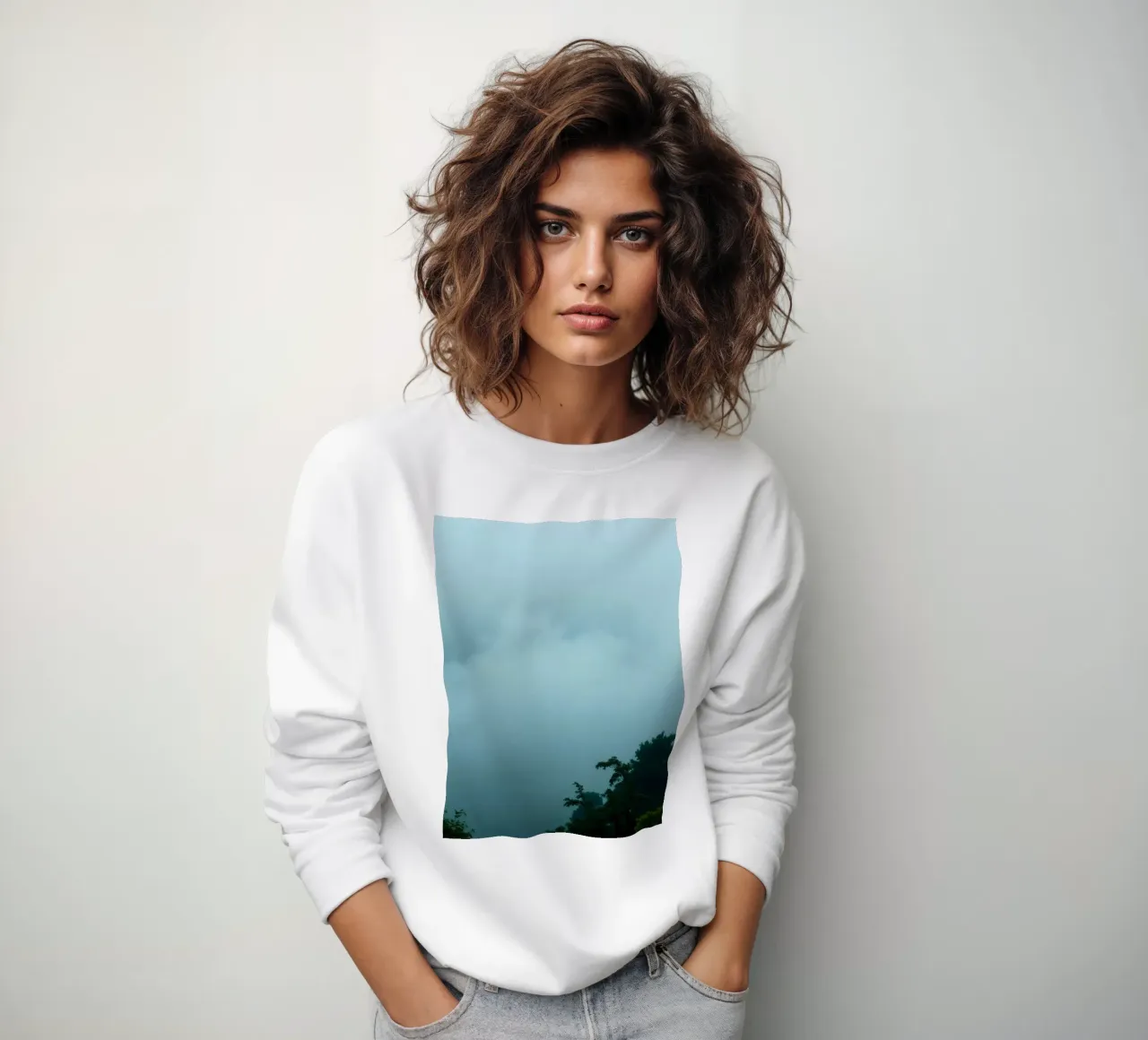 Foggy landscape with trees, creating calming atmosphere sweatshirt by DesignDoodle