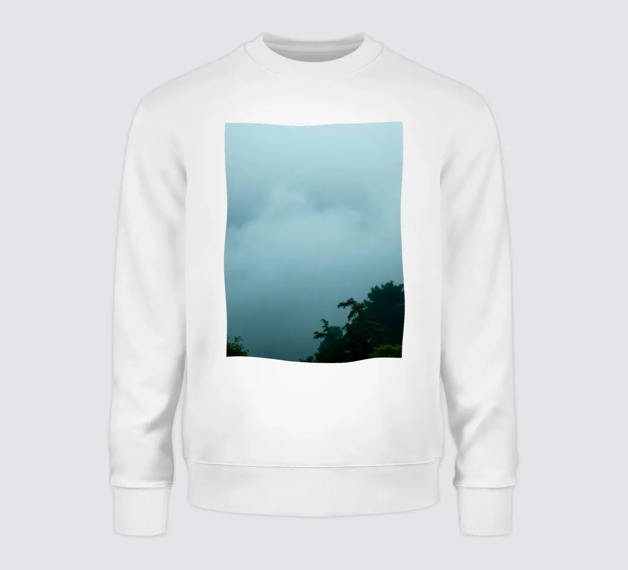 Foggy landscape with trees, creating calming atmosphere sweatshirt by DesignDoodle