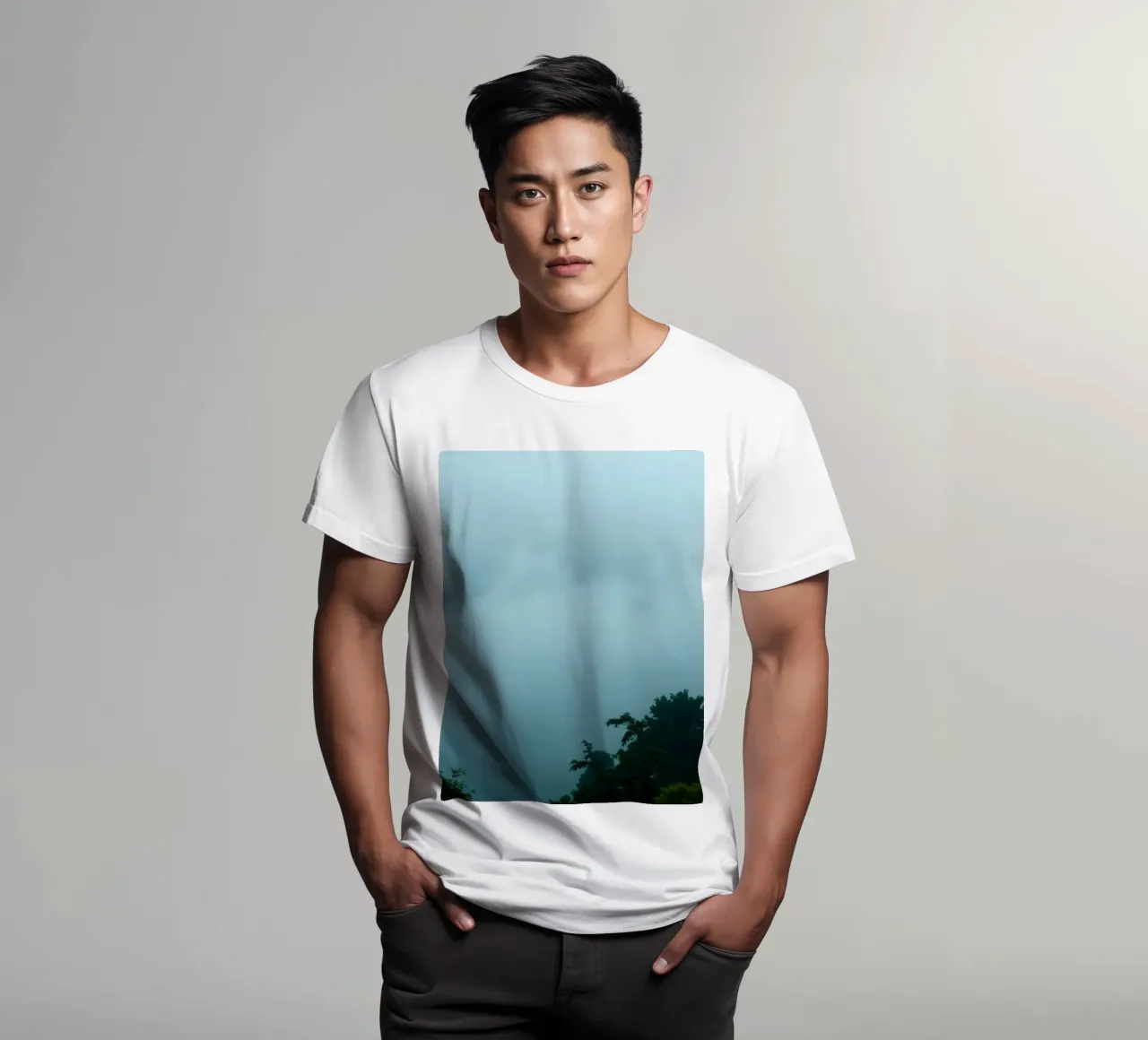 Foggy landscape with trees, creating calming atmosphere t-shirt by DesignDoodle