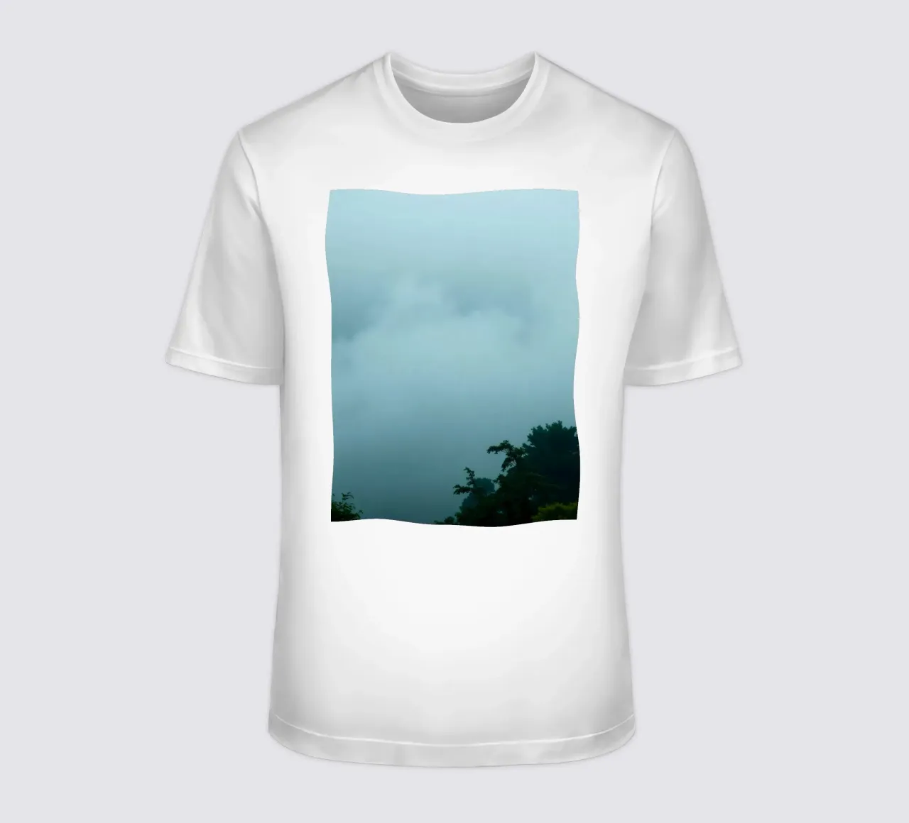 Foggy landscape with trees, creating calming atmosphere t-shirt by DesignDoodle