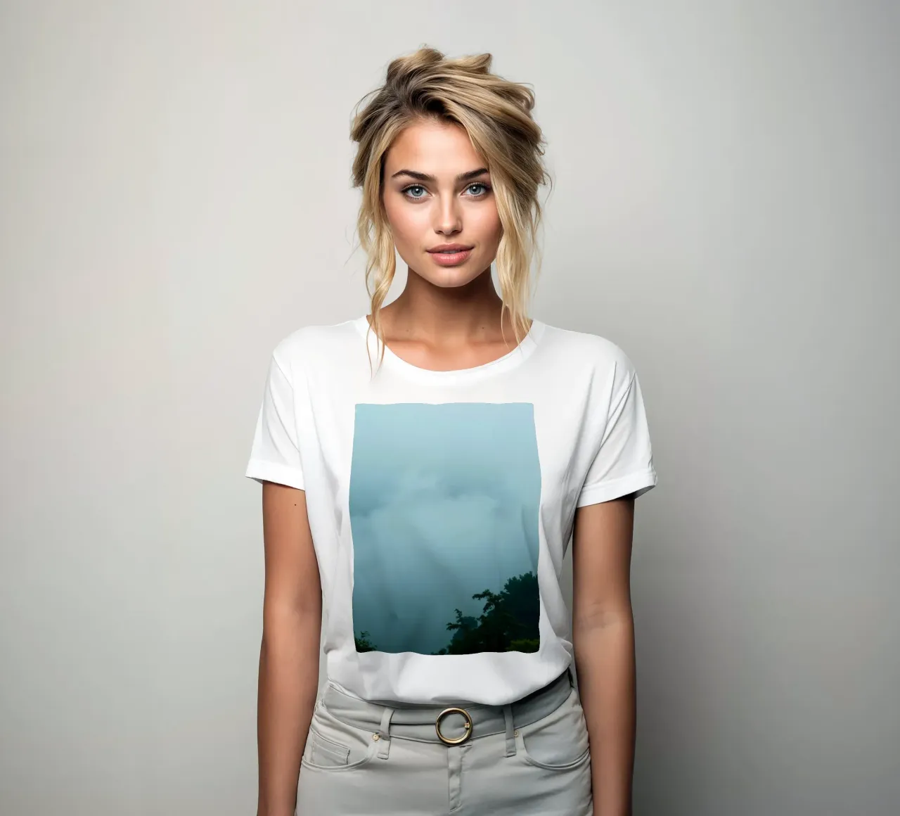 Foggy landscape with trees, creating calming atmosphere women's fitted t-shirt by DesignDoodle