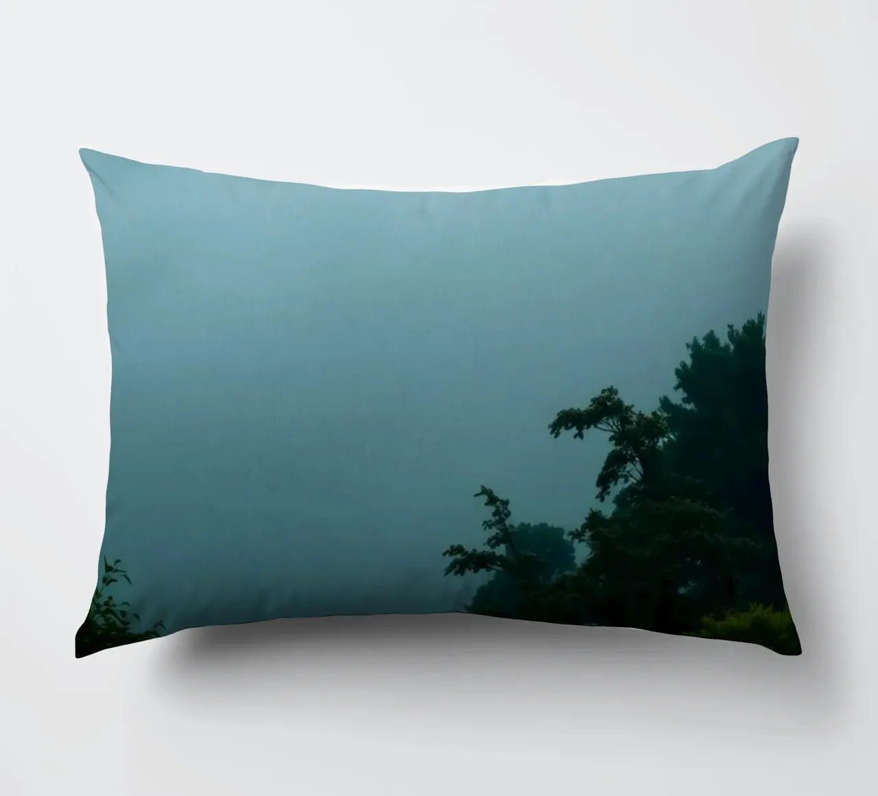 Neblige Landschaft mit Bäumen, die eine beruhigende Atmosphäre schaffen Kissen von DesignDoodle