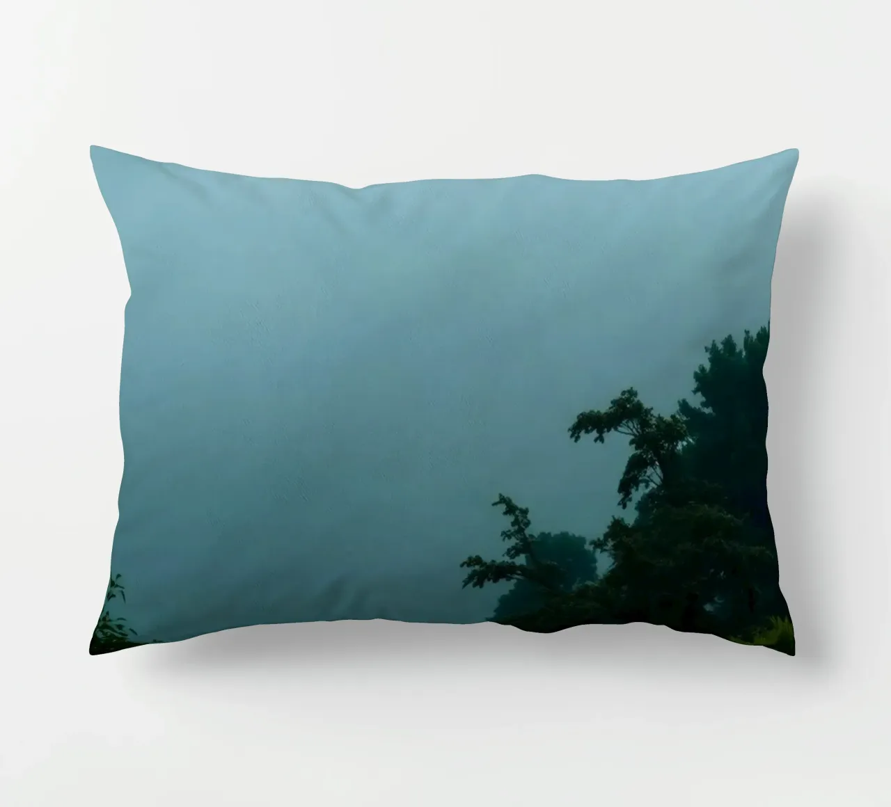 Neblige Landschaft mit Bäumen, die eine beruhigende Atmosphäre schaffen Kissen von DesignDoodle