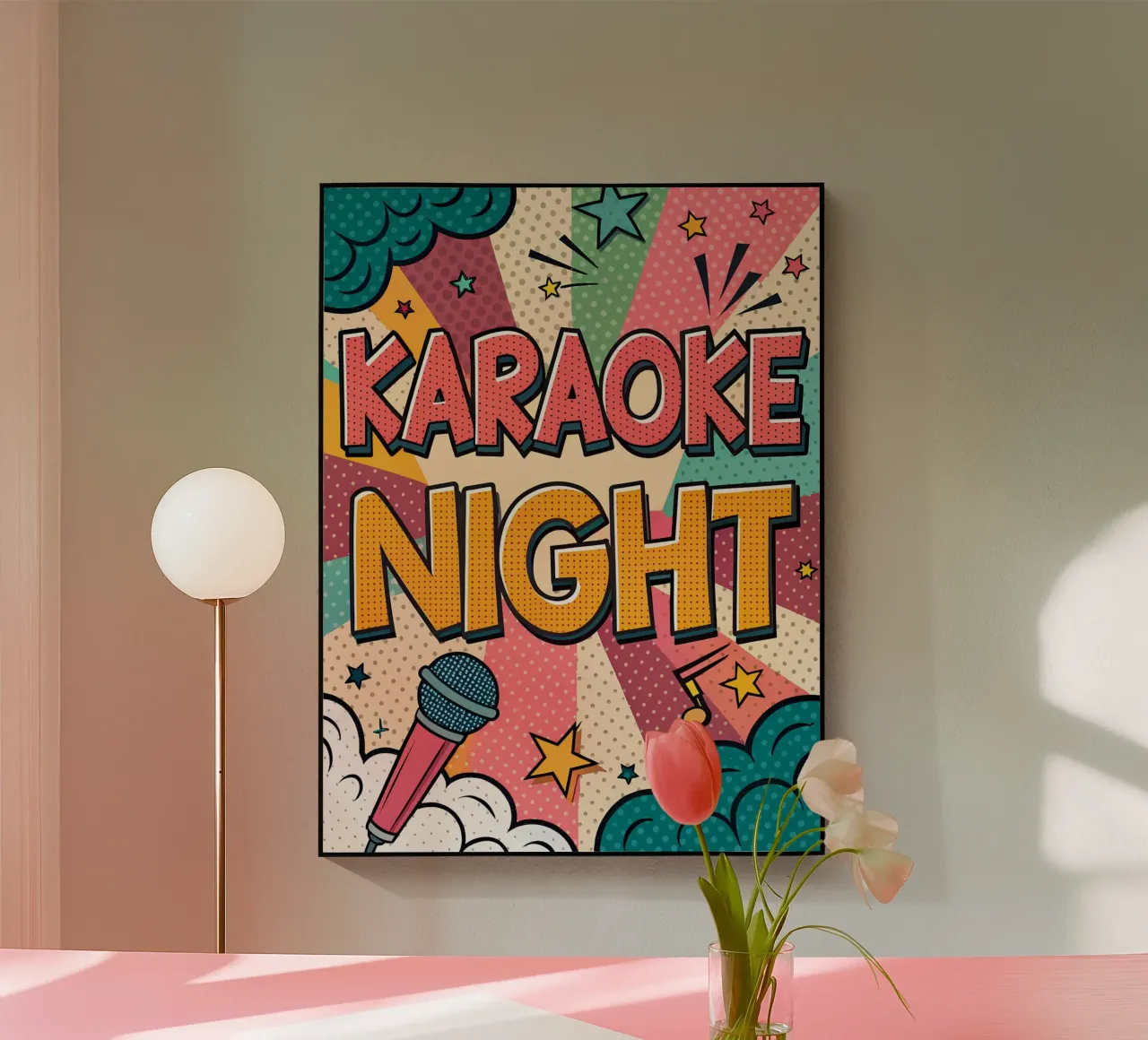 Design pop art per una serata karaoke retrò plexiglass da Jester Krew Art