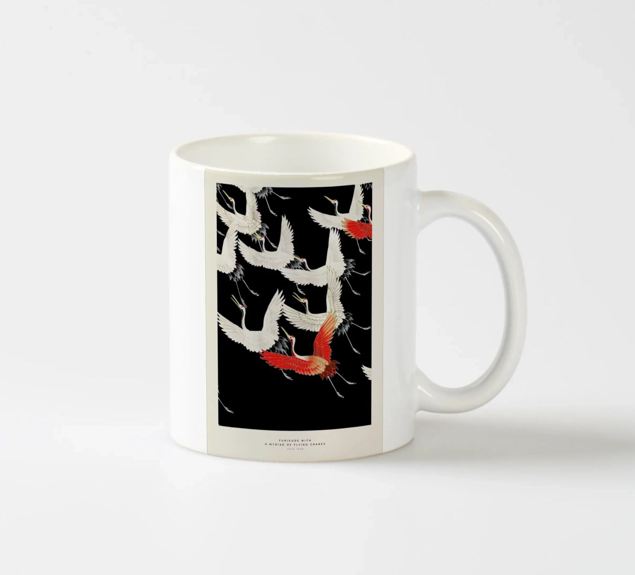 Furisode with a Myriad of Flying Cranes tazza in ceramica da Vintage by JUNIQE