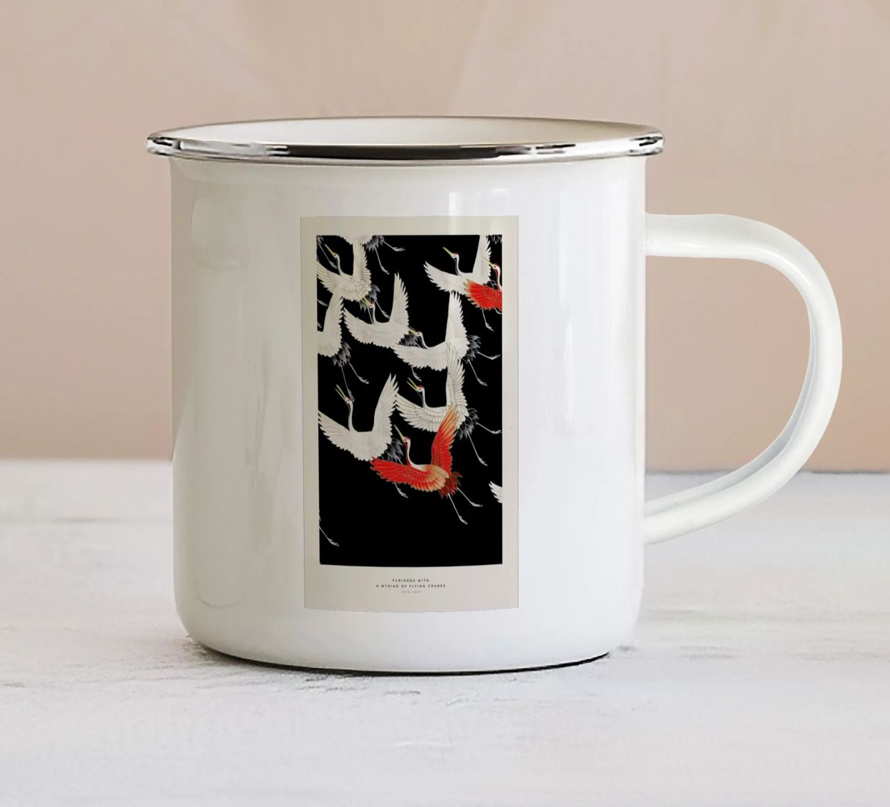 Furisode with a Myriad of Flying Cranes tazza in smalto da Vintage by JUNIQE