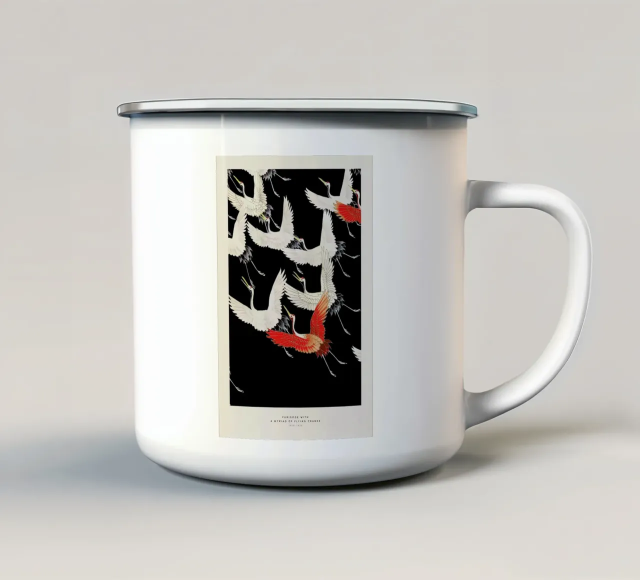 Furisode with a Myriad of Flying Cranes taza de esmalte de Vintage by JUNIQE