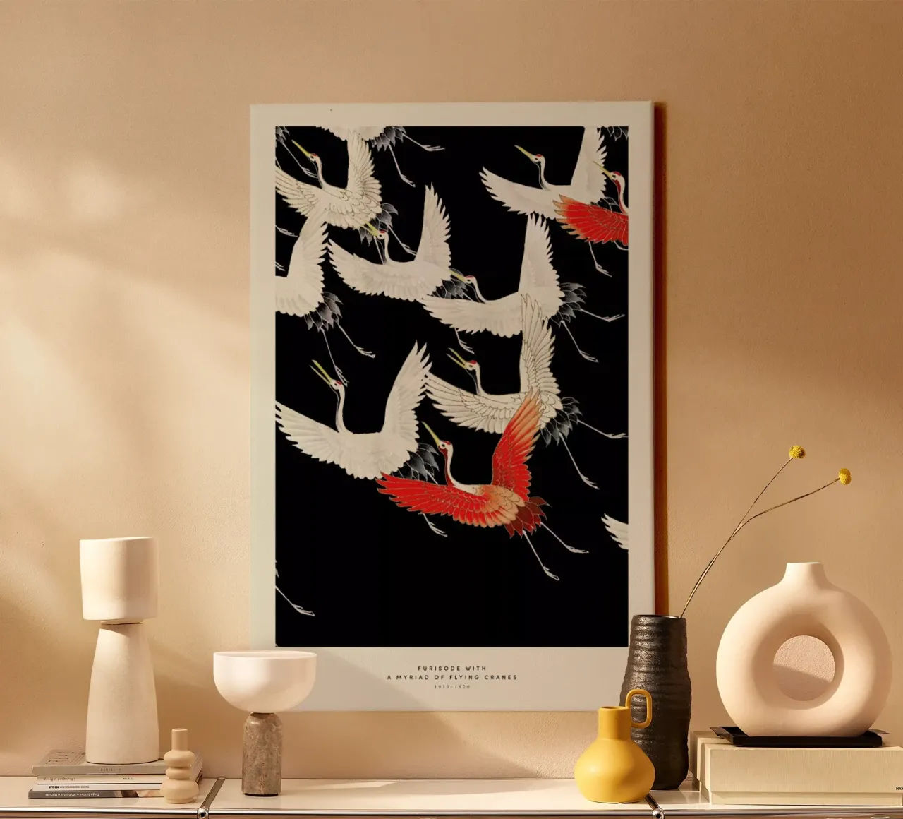 Furisode with a Myriad of Flying Cranes canvas by Vintage by JUNIQE