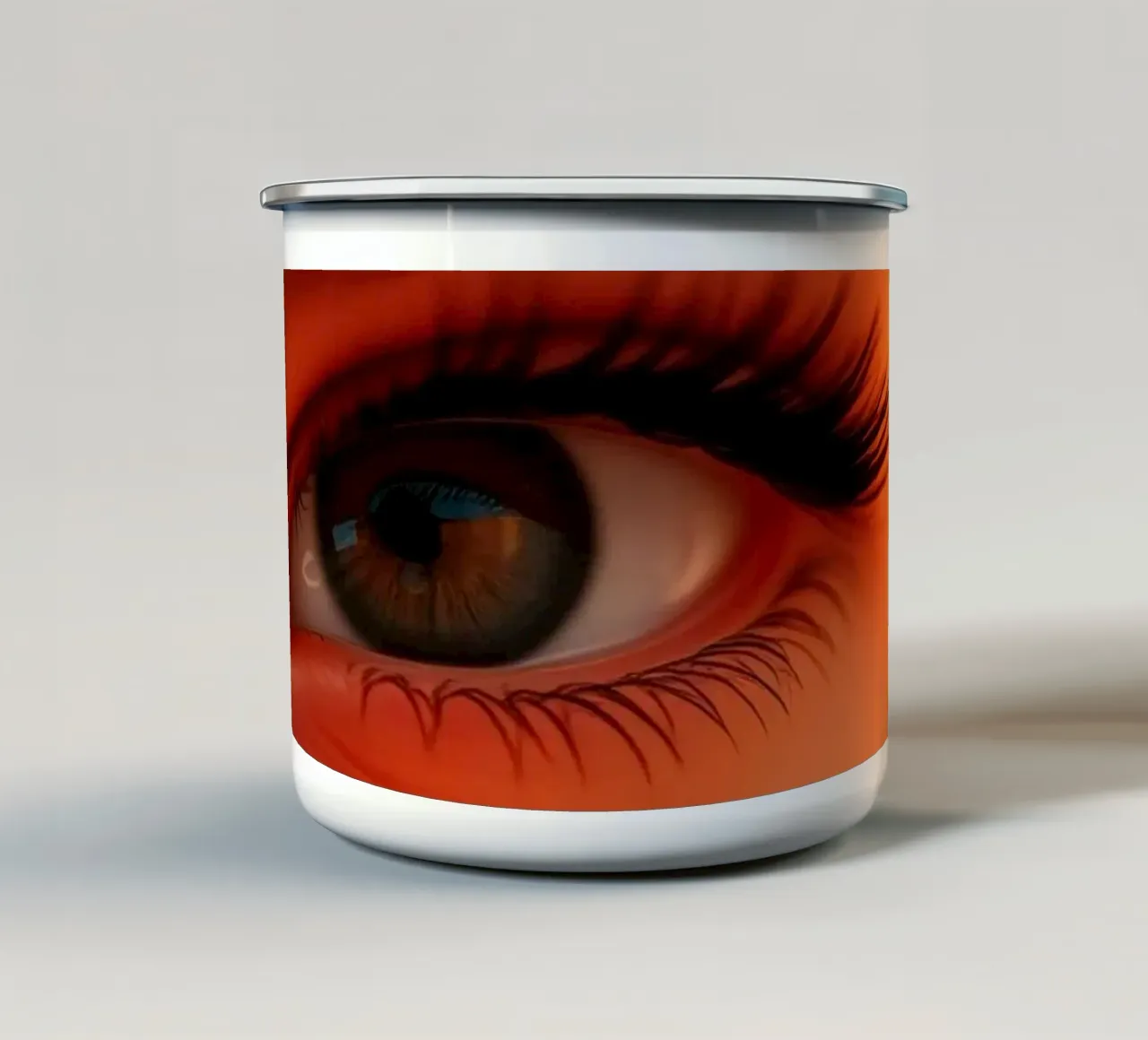 Primo piano di un occhio di donna con illuminazione soffusa tazza in smalto da DesignDoodle