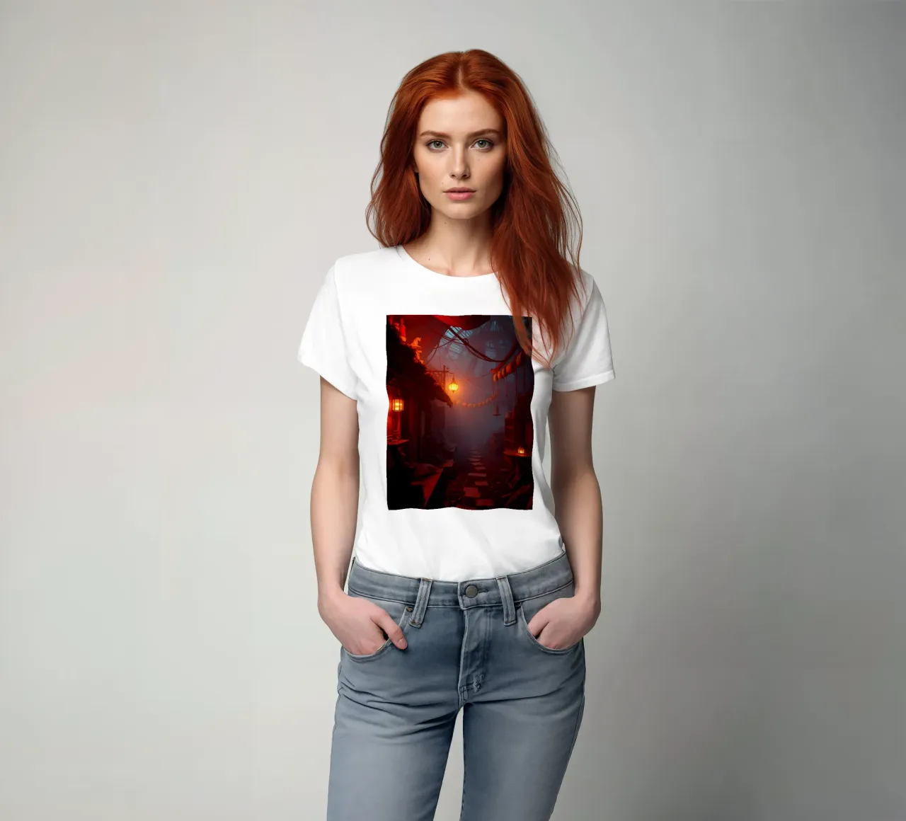 Enchanting alleyway with warm lanterns and mist t-shirt by DesignDoodle