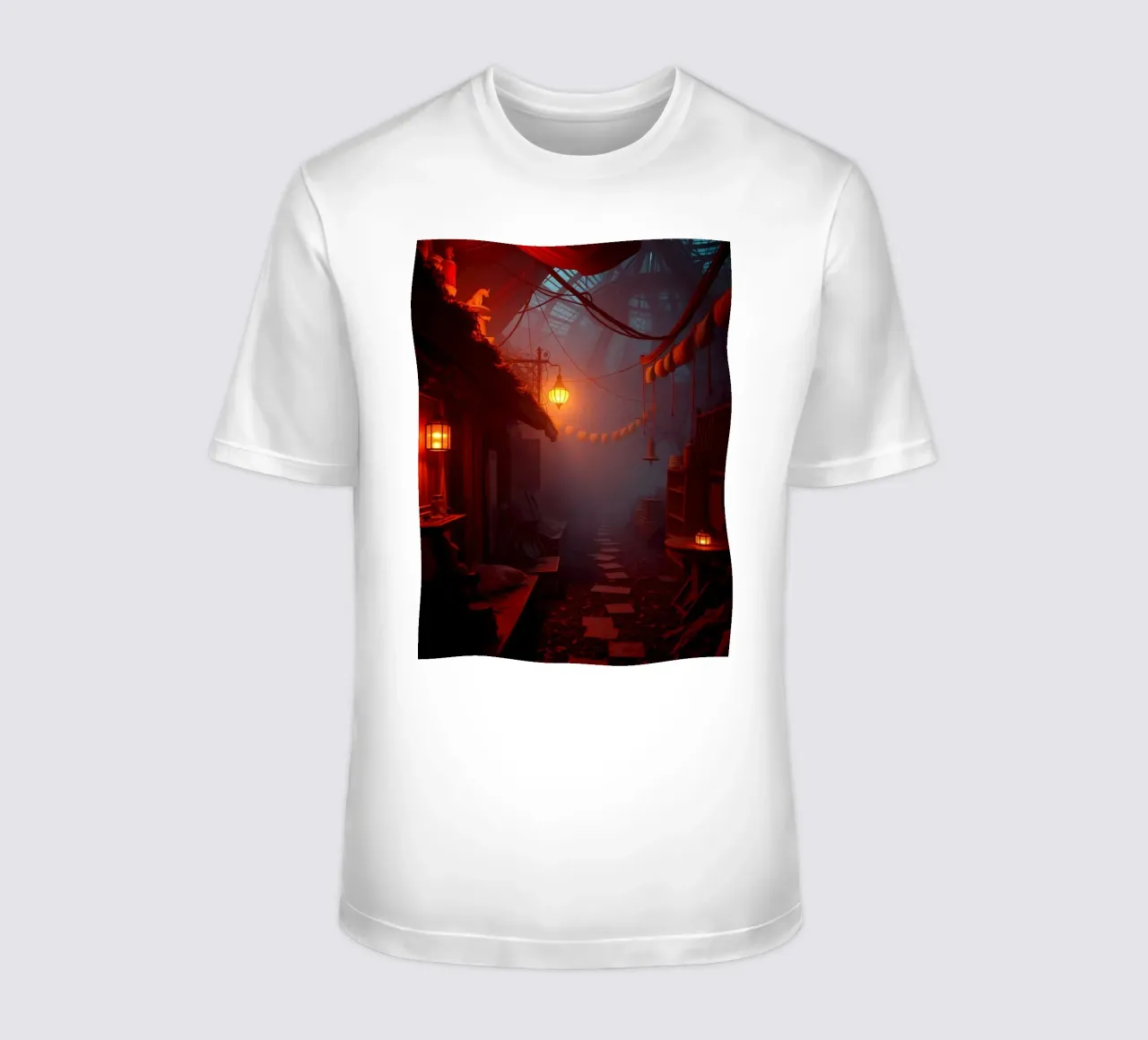 Enchanting alleyway with warm lanterns and mist t-shirt by DesignDoodle