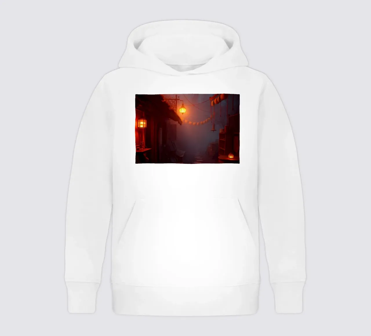 Enchanting alleyway with warm lanterns and mist kids hoodie by DesignDoodle