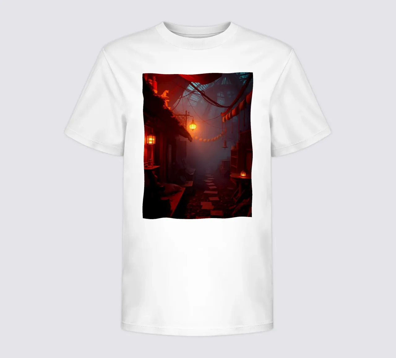 Enchanting alleyway with warm lanterns and mist kids t-shirt by DesignDoodle