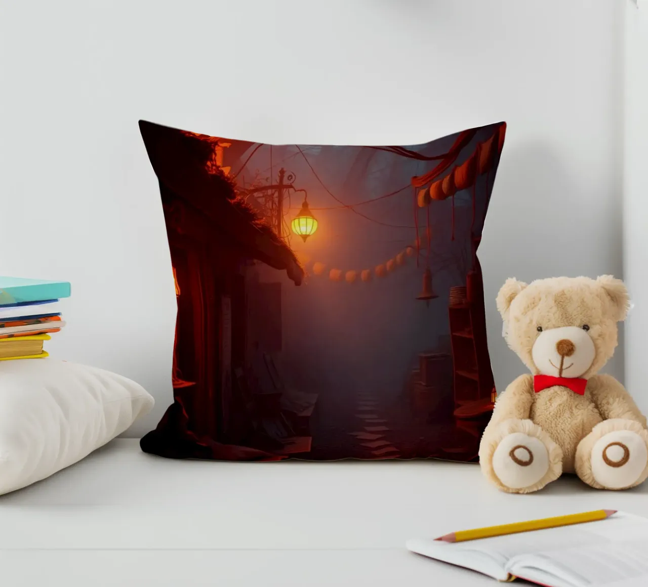 Incantevole vicolo con lanterne calde e nebbiolina cuscino da DesignDoodle