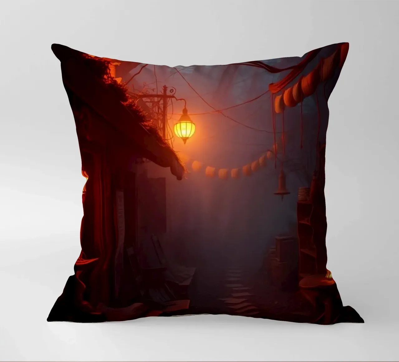 Incantevole vicolo con lanterne calde e nebbiolina cuscino da DesignDoodle
