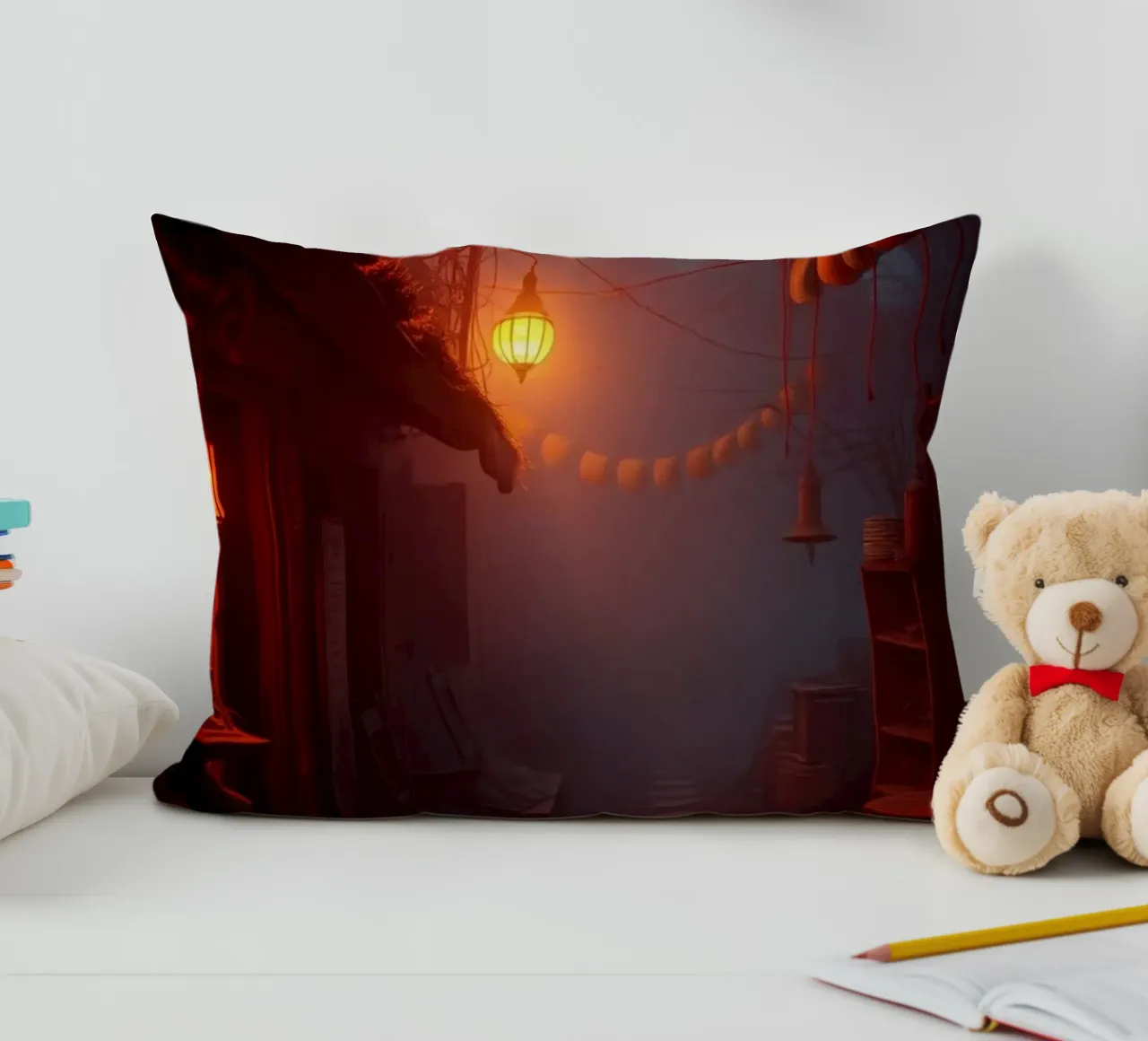 Incantevole vicolo con lanterne calde e nebbiolina cuscino da DesignDoodle